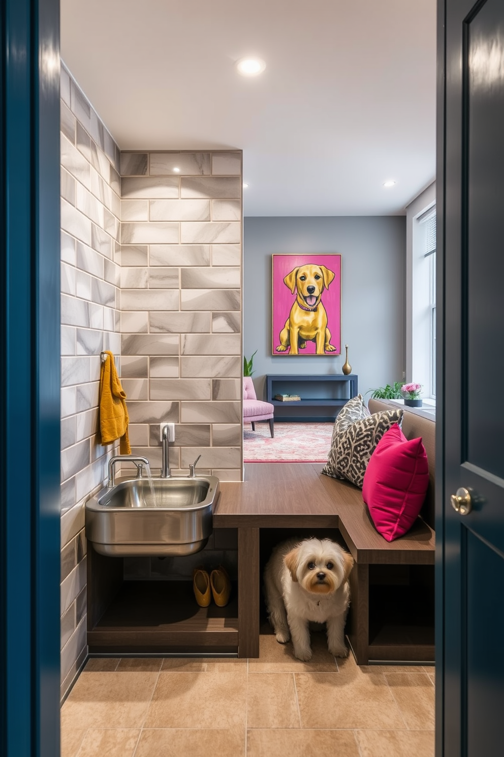 A functional dog wash station is integrated into a spacious mudroom area featuring a deep basin for washing pets. The walls are lined with durable tiles, and a built-in bench offers a convenient spot for grooming. The dog lover apartment design showcases an open layout with pet-friendly materials and stylish decor. Cozy nooks are created with soft furnishings, while vibrant artwork reflects the owner's love for dogs.