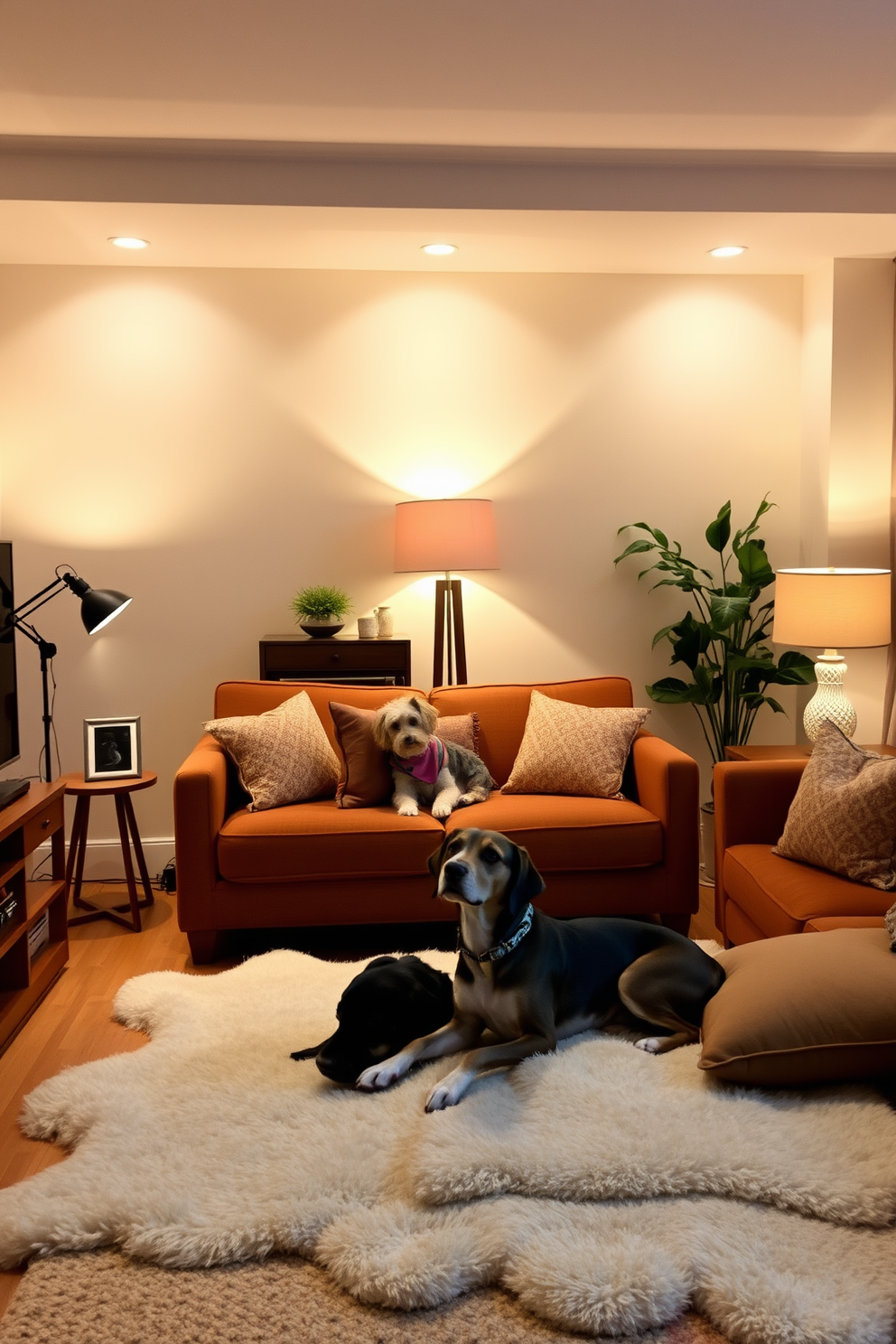 A warm and inviting living space designed for dog lovers. Soft, adjustable lighting fixtures create a cozy ambiance, while stylish lamps with pet-safe materials are strategically placed throughout the room. The furniture is arranged to ensure comfort for both humans and pets. Plush rugs and cushions provide a perfect spot for dogs to relax, complementing the overall aesthetic of the apartment.