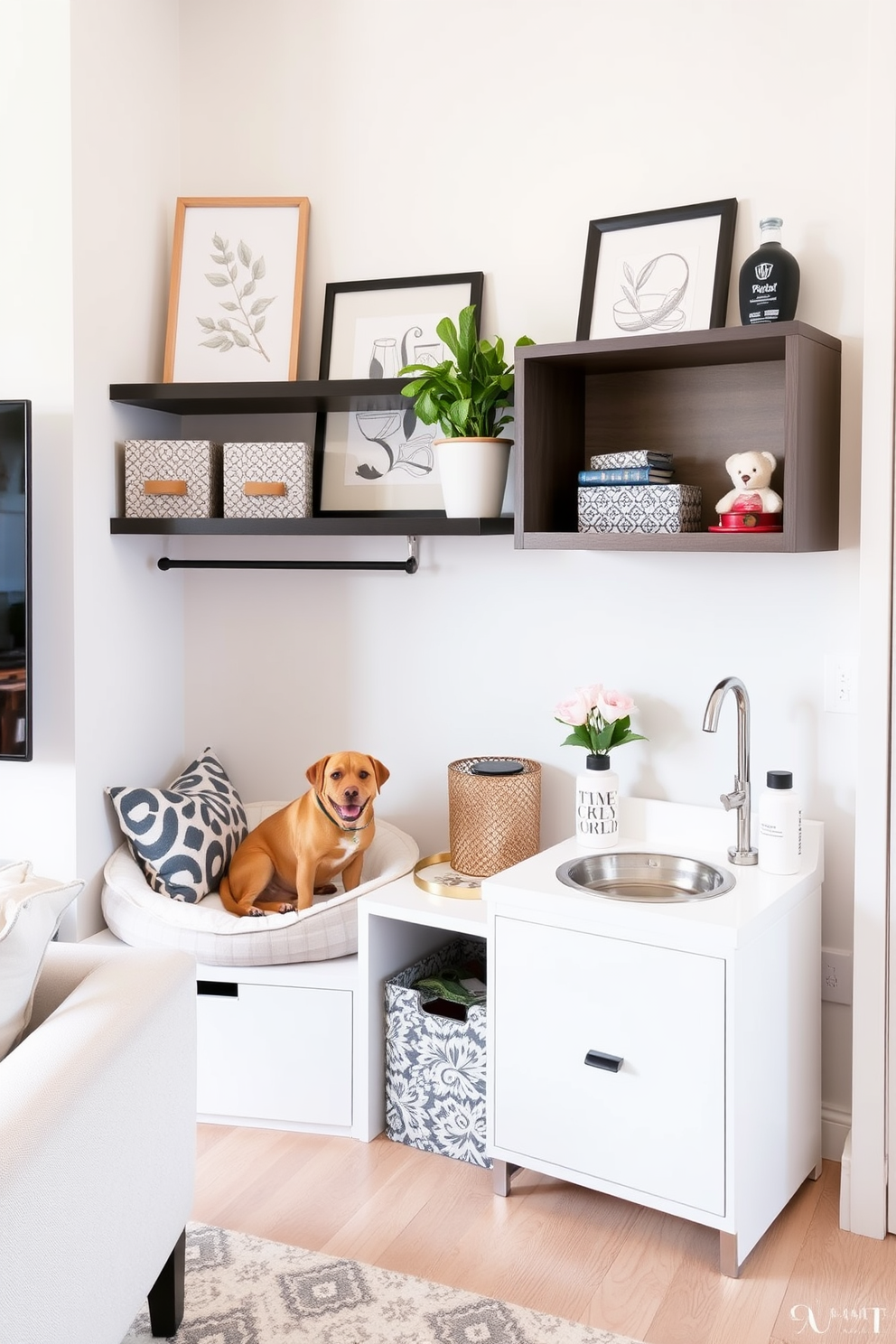 A designated pet corner featuring stylish decor that harmonizes with the overall apartment aesthetic. The space includes a chic pet bed, decorative storage for toys, and a stylish feeding station that complements the surrounding furniture.