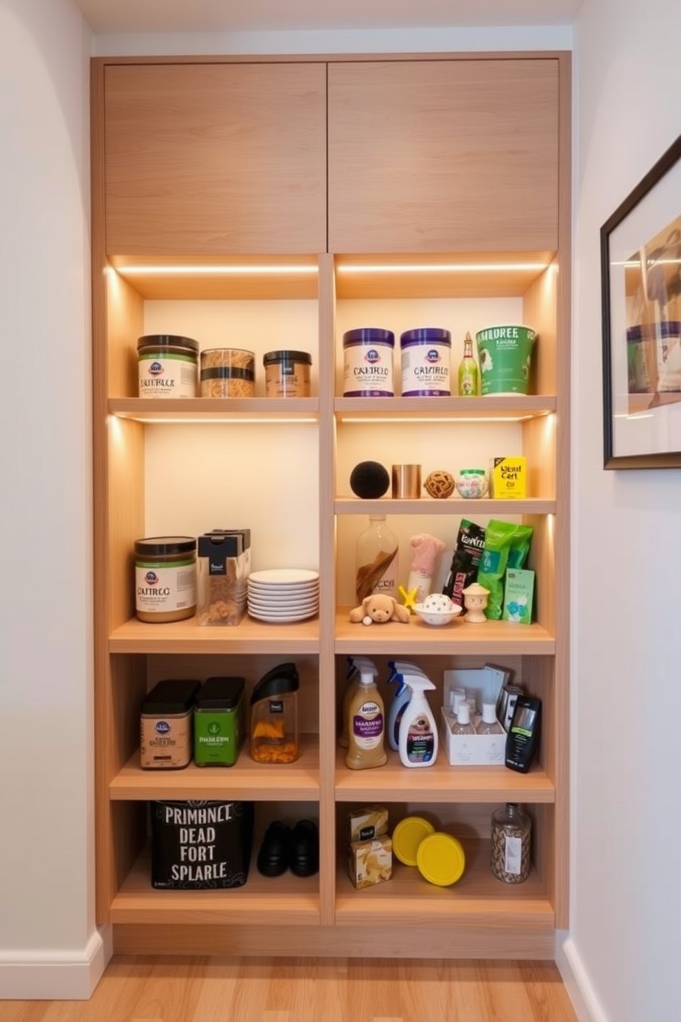 A stylish apartment design featuring built-in shelves specifically for pet supplies. The shelves are crafted from light wood and are organized to hold food containers, toys, and grooming essentials, creating a functional yet aesthetic space.