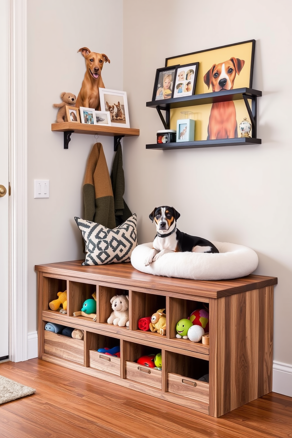 A cozy workspace area designed for a dog lover. The room features a stylish desk made of reclaimed wood, paired with an ergonomic chair and a soft dog bed nestled beside it. Natural light floods the space through large windows, illuminating the warm color palette of soft beige and earthy tones. A playful wall art piece showcases various dog breeds, adding a personal touch to the environment.