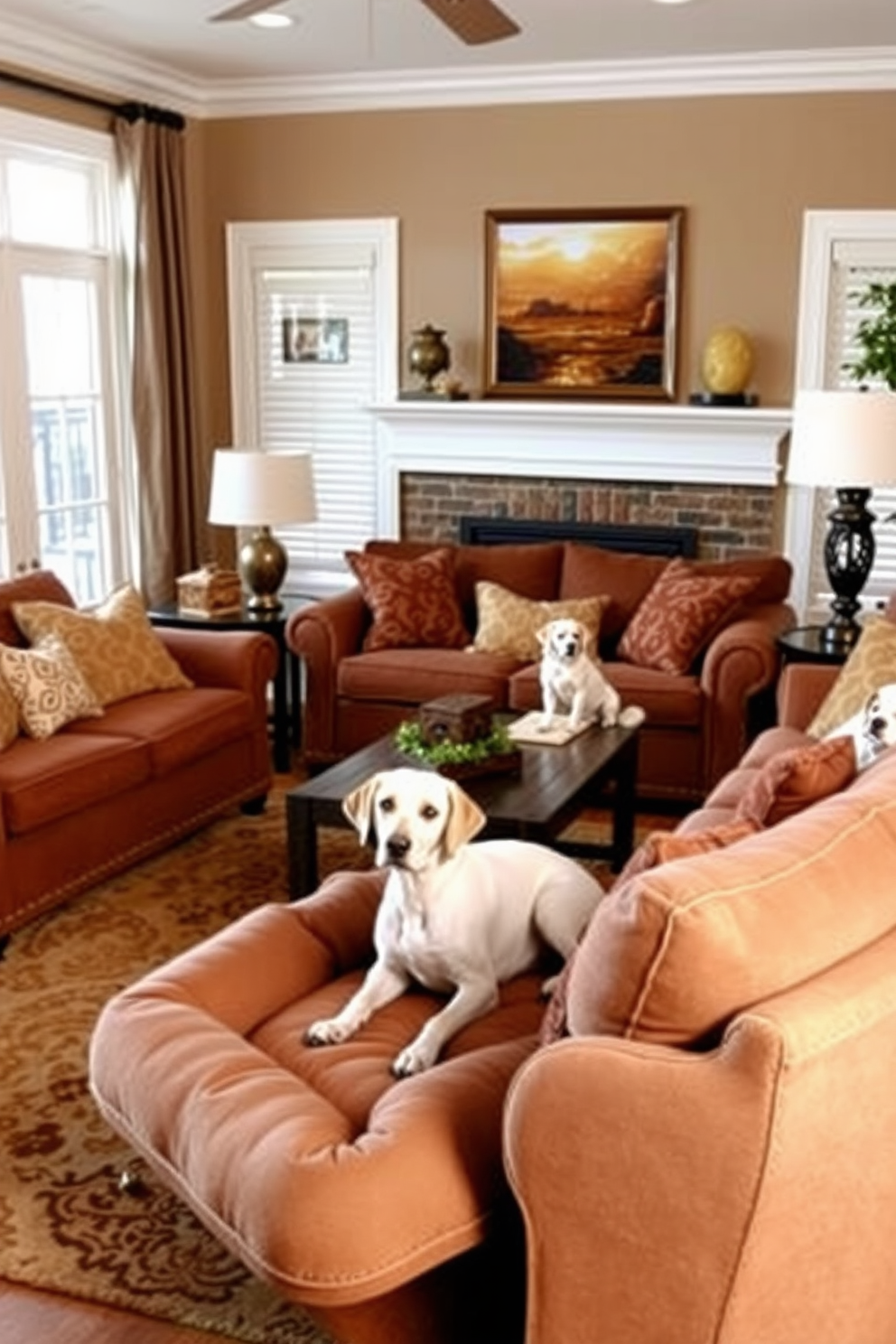 A cozy living room designed for a dog lover. Soft, durable furniture is arranged around a central coffee table, with a plush dog bed in the corner. The walls are painted in a warm beige tone, complemented by framed pet photos. Non-toxic houseplants are strategically placed on shelves to create a vibrant, safe environment.