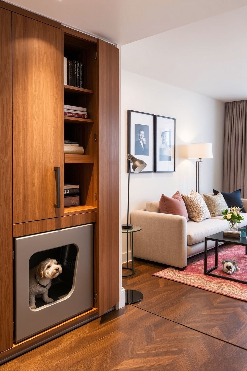 A stylish apartment designed for a dog lover features a hidden litter box seamlessly integrated into a sleek wooden cabinet. The cabinet is finished in a warm tone, providing a cozy and functional space while maintaining the overall aesthetic of the room. The living area is adorned with comfortable furniture, including a plush sofa and a chic coffee table, creating an inviting atmosphere. Soft, durable fabrics are chosen for the upholstery to withstand the wear and tear of pet life while ensuring comfort and style.