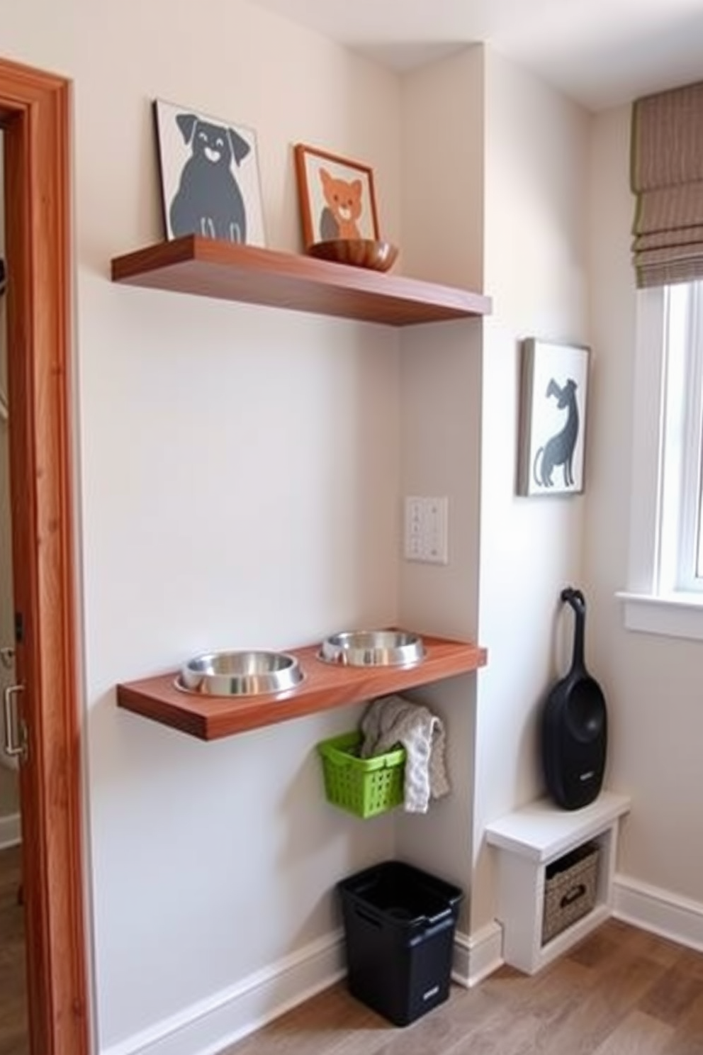 Create a designated feeding area with style. A chic elevated dog bowl stand sits on a decorative mat, surrounded by stylish storage for dog food and treats. The wall above features framed artwork of dogs in various poses, adding a personal touch to the space. Soft lighting illuminates the area, creating an inviting atmosphere for both pets and their owners.