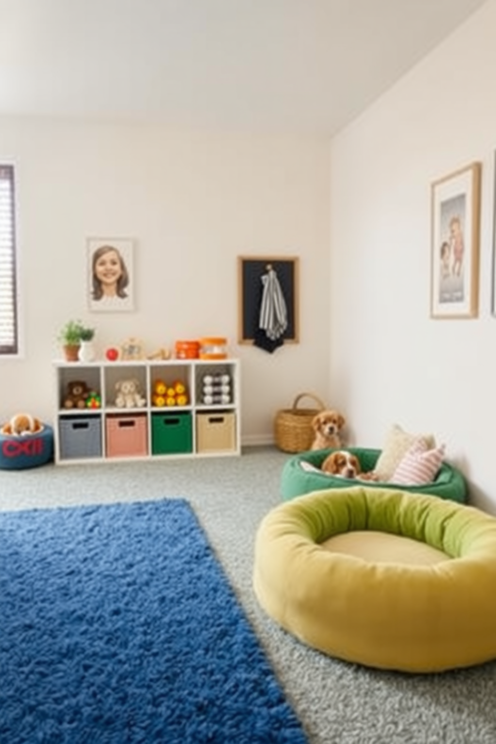 Design a designated play area with soft flooring that features colorful, plush rugs and ample space for children to play safely. Include a variety of toys neatly organized in stylish storage bins that blend with the overall decor. Create a dog lover apartment design that incorporates a cozy corner with a comfortable dog bed and stylish pet accessories. Use durable, easy-to-clean materials throughout the space to ensure both comfort for pets and aesthetic appeal for owners.