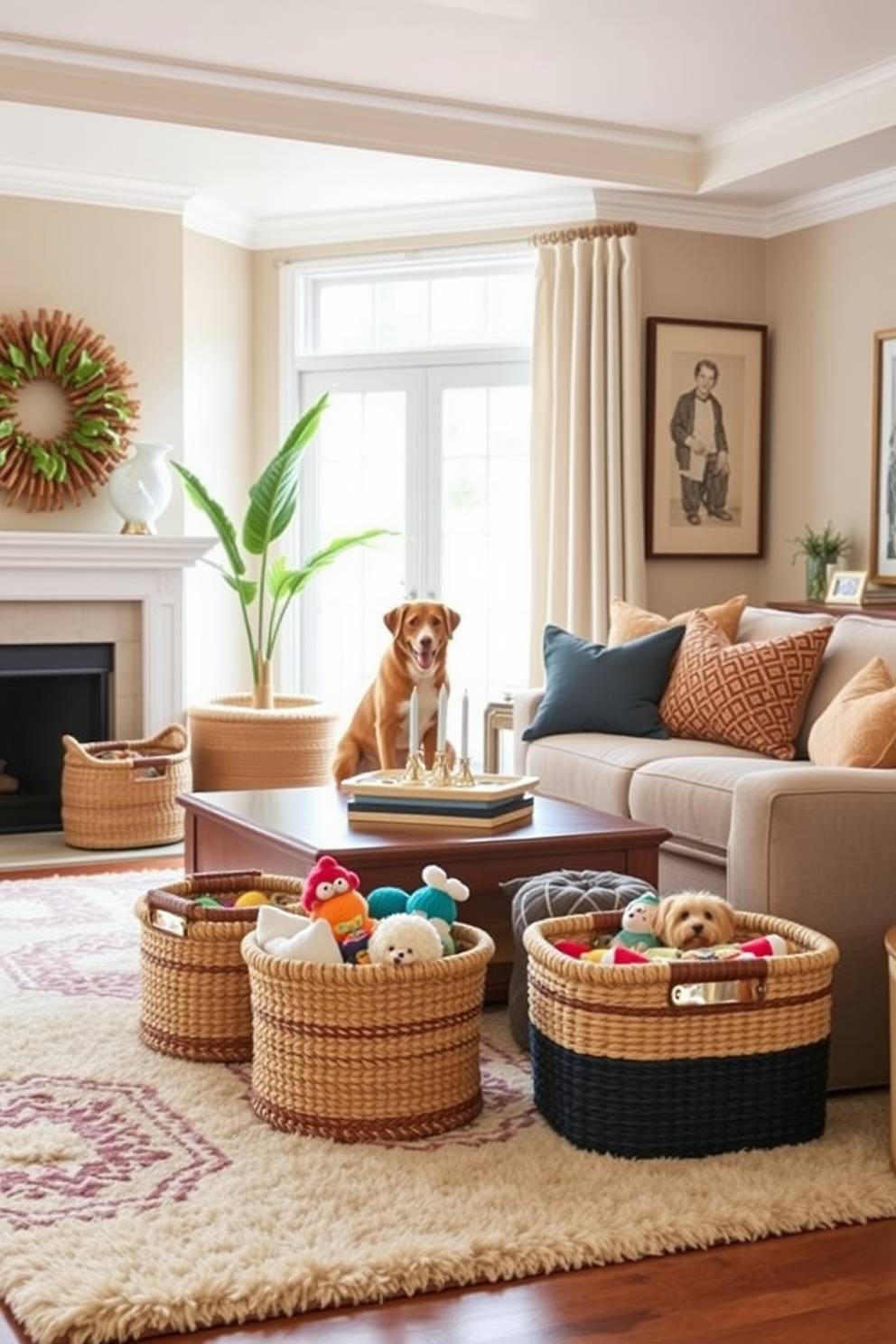 A cozy living room designed for dog lovers featuring a plush sectional sofa upholstered in durable, pet-friendly fabric. The space includes a stylish coffee table with rounded edges and a soft area rug that complements the color scheme while providing comfort for both humans and pets. A charming dining area with a wooden table surrounded by chairs covered in stain-resistant upholstery. The decor includes a playful dog-themed centerpiece and a cozy nook with pet beds that blend seamlessly into the overall aesthetic.