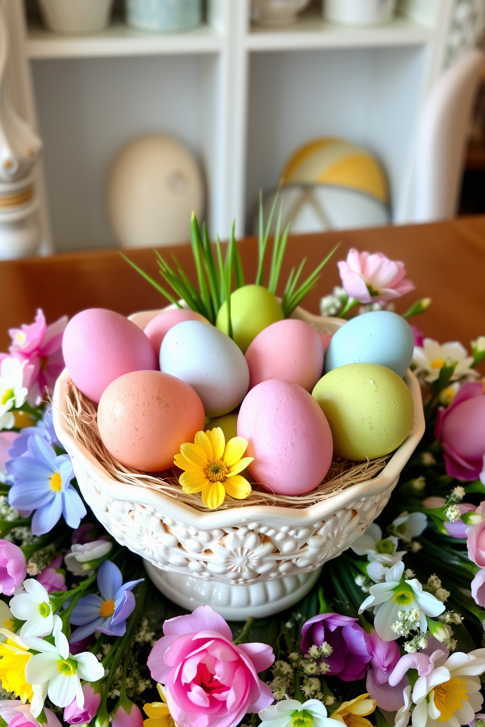 A collection of pastel colored eggs arranged in decorative bowls of varying sizes and designs. The bowls are placed on a rustic wooden table adorned with spring flowers and soft linen napkins.