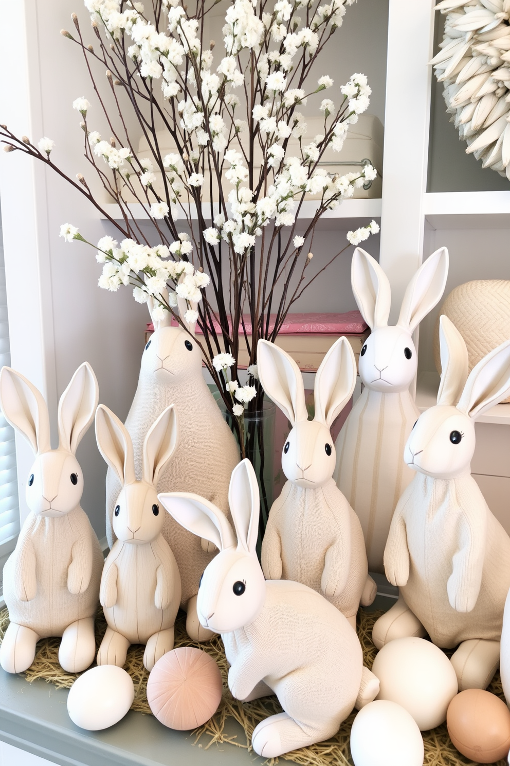 Create a charming Easter display featuring neutral colored bunny decorations. Arrange a variety of bunnies made from natural materials such as wood and linen, complemented by soft pastel accents throughout the space.