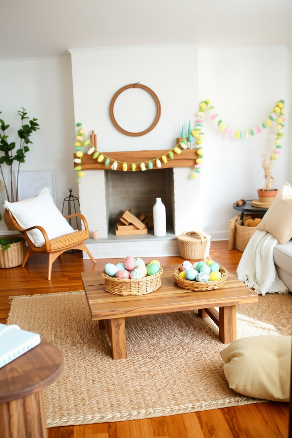 A cozy living room adorned with natural materials like wood and jute. The space features a large jute area rug that complements the warm wooden flooring and a wooden coffee table with a rustic finish. Brightly colored Easter decorations are tastefully arranged throughout the room. A collection of hand-painted eggs sits in a woven basket on the coffee table, while pastel-colored garlands hang from the mantel above the fireplace.