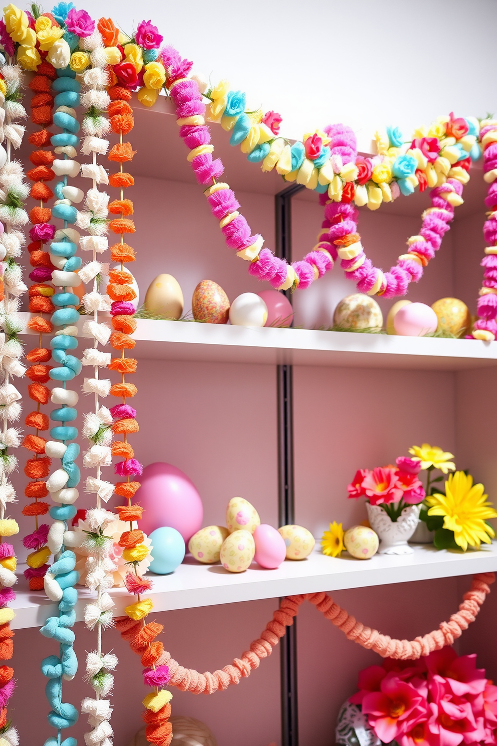 A vibrant display of colorful garlands is elegantly draped across the shelves, adding a festive touch to the room. The garlands feature an array of pastel colors, creating a cheerful atmosphere perfect for Easter celebrations. Nestled among the garlands are decorative Easter eggs in various sizes and patterns, enhancing the seasonal theme. Fresh flowers in spring hues are placed strategically on the shelves to complement the festive decor.