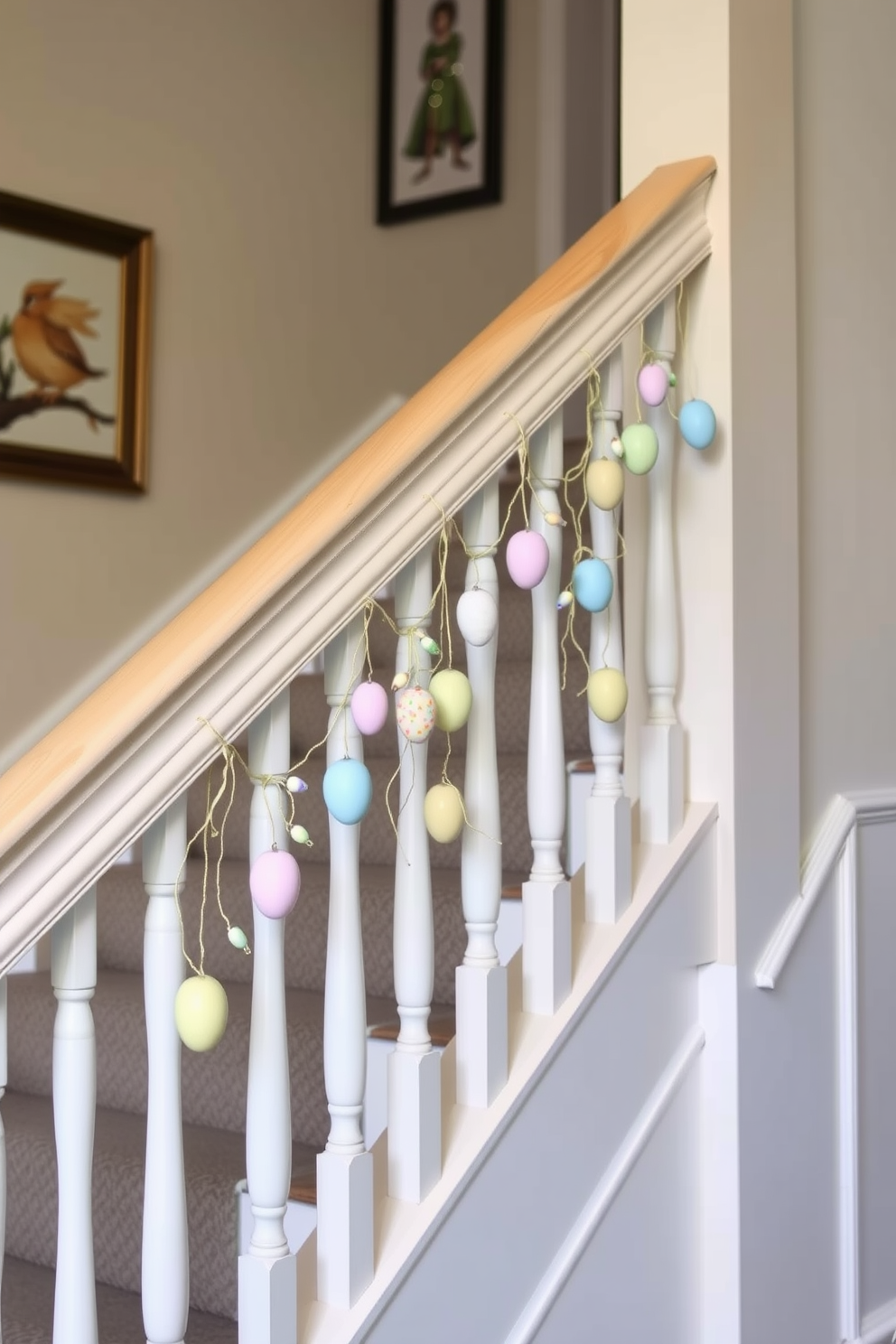 A charming staircase adorned with a colorful Easter egg garland. The garland features a variety of pastel-colored eggs, delicately hanging from the banister, creating a festive and inviting atmosphere.