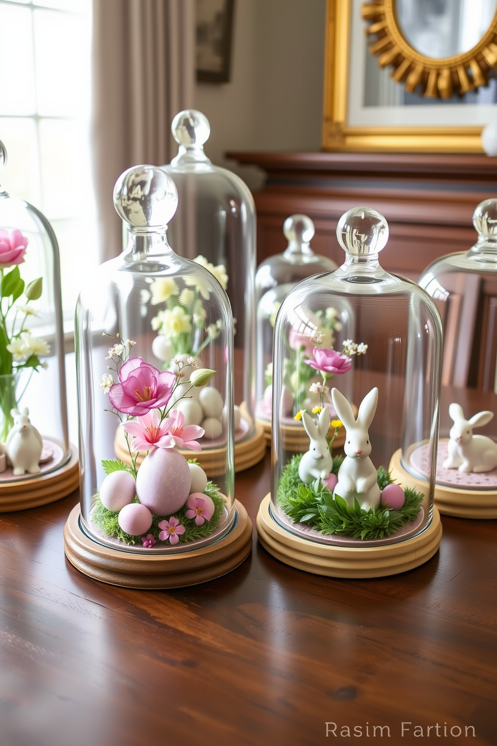 A charming display of colorful egg garlands elegantly drapes across the wooden shelves in a cozy living room. The vibrant hues of the eggs complement the pastel decor, creating a festive atmosphere perfect for Easter celebrations.