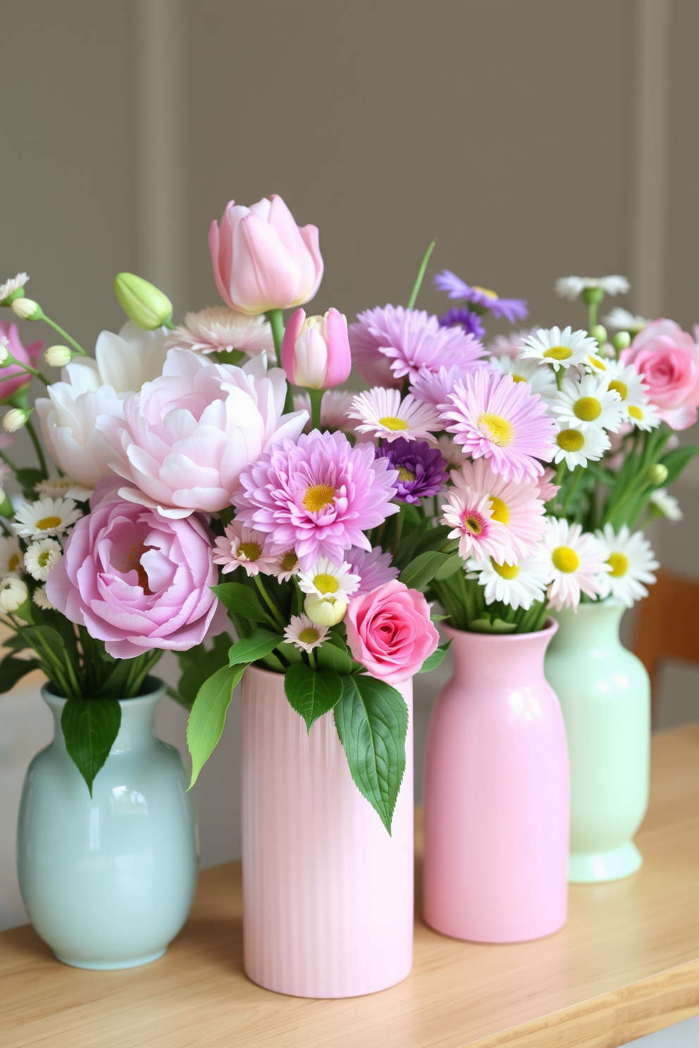 Fresh flower bouquets in pastel vases create a charming and inviting atmosphere. Arrange a variety of blooms such as peonies, tulips, and daisies in soft pink, lavender, and mint green vases to enhance the festive spirit of Easter.