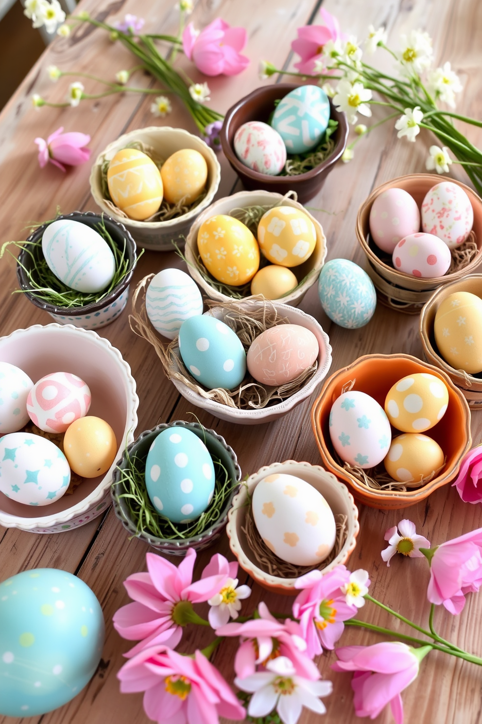 A collection of beautifully painted DIY eggs displayed in an array of decorative bowls. The bowls are arranged on a rustic wooden table, surrounded by soft pastel colors and spring flowers for a festive Easter ambiance.