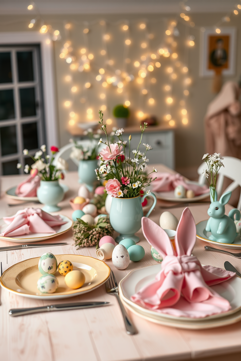 A whimsical table setting adorned with pastel-colored plates and mismatched cutlery creates a playful atmosphere. Delicate floral arrangements in vintage teacups add a charming touch, while colorful napkins are whimsically folded into bunny shapes. Easter-themed decorations, such as painted eggs and cheerful bunnies, are scattered across the table for a festive flair. Soft, ambient lighting from hanging fairy lights enhances the joyful mood, inviting guests to enjoy a delightful dining experience.