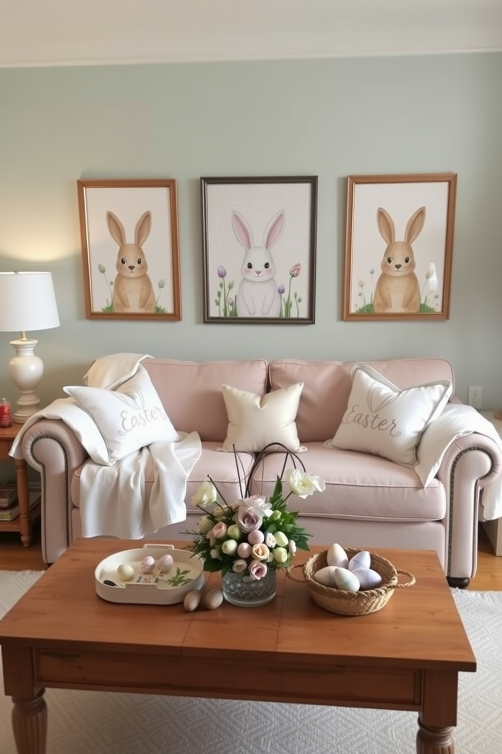 A charming Easter-themed living room adorned with seasonal artwork featuring bunnies and colorful eggs. The walls are decorated with framed prints of whimsical bunnies and pastel eggs, creating a festive atmosphere. A cozy sofa is draped with a light pastel throw, and decorative cushions with Easter motifs add a playful touch. A coffee table is topped with a centerpiece of fresh flowers and small decorative eggs, enhancing the cheerful decor.