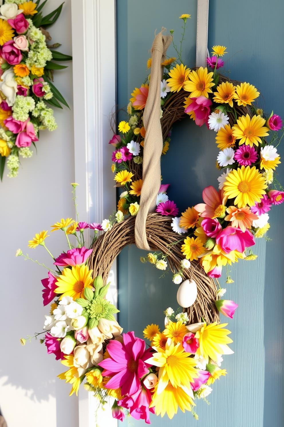 A charming Easter display featuring an array of vibrant spring flowers in a decorative vase. The arrangement includes tulips, daffodils, and hyacinths, surrounded by soft greenery and pastel-colored eggs nestled among the blooms.