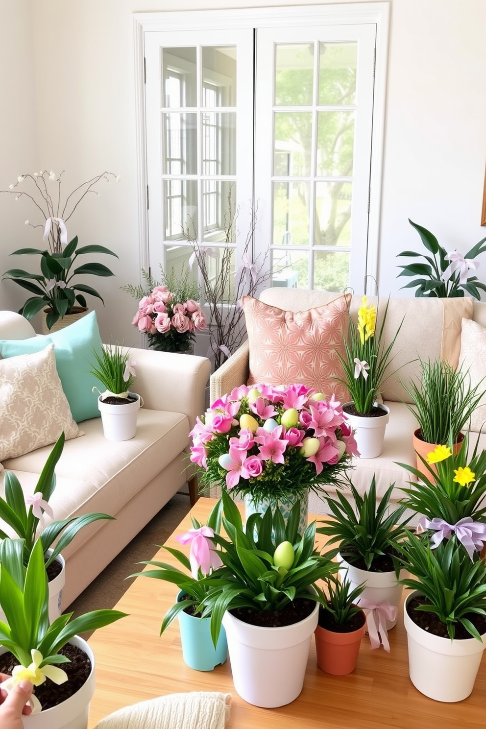 A charming Easter display featuring decorative trays filled with an assortment of chocolates. The trays are arranged on a rustic wooden table adorned with pastel-colored linens and fresh spring flowers.