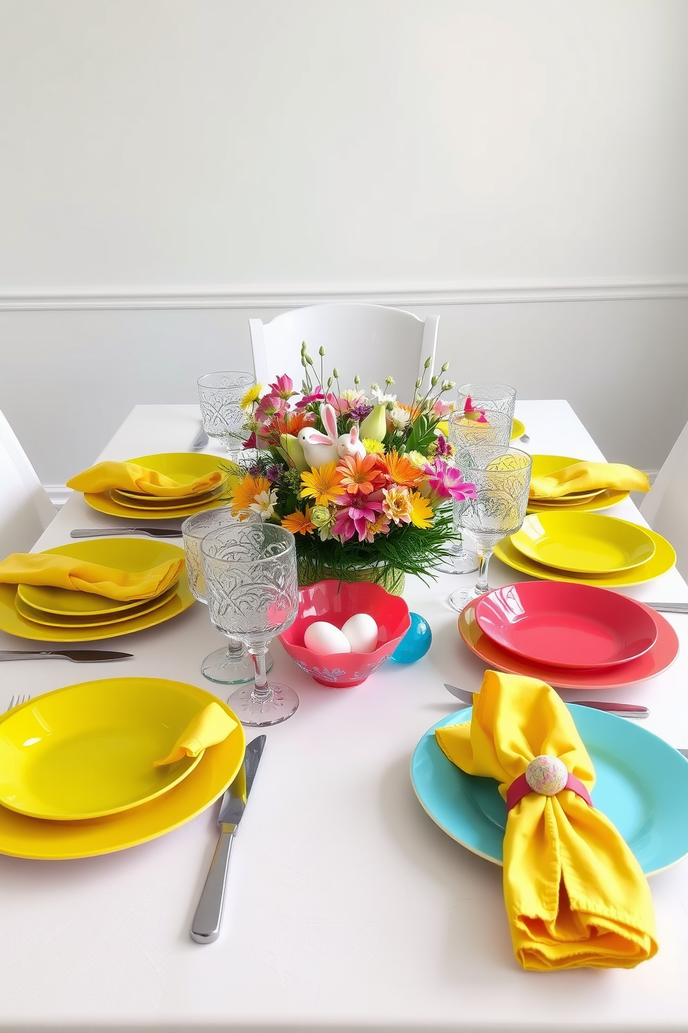 Brightly colored tableware is arranged on a beautifully set dining table, featuring vibrant plates, cheerful napkins, and decorative glasses. The table is adorned with a centerpiece of fresh flowers and Easter-themed decorations, creating a festive atmosphere for holiday meals.