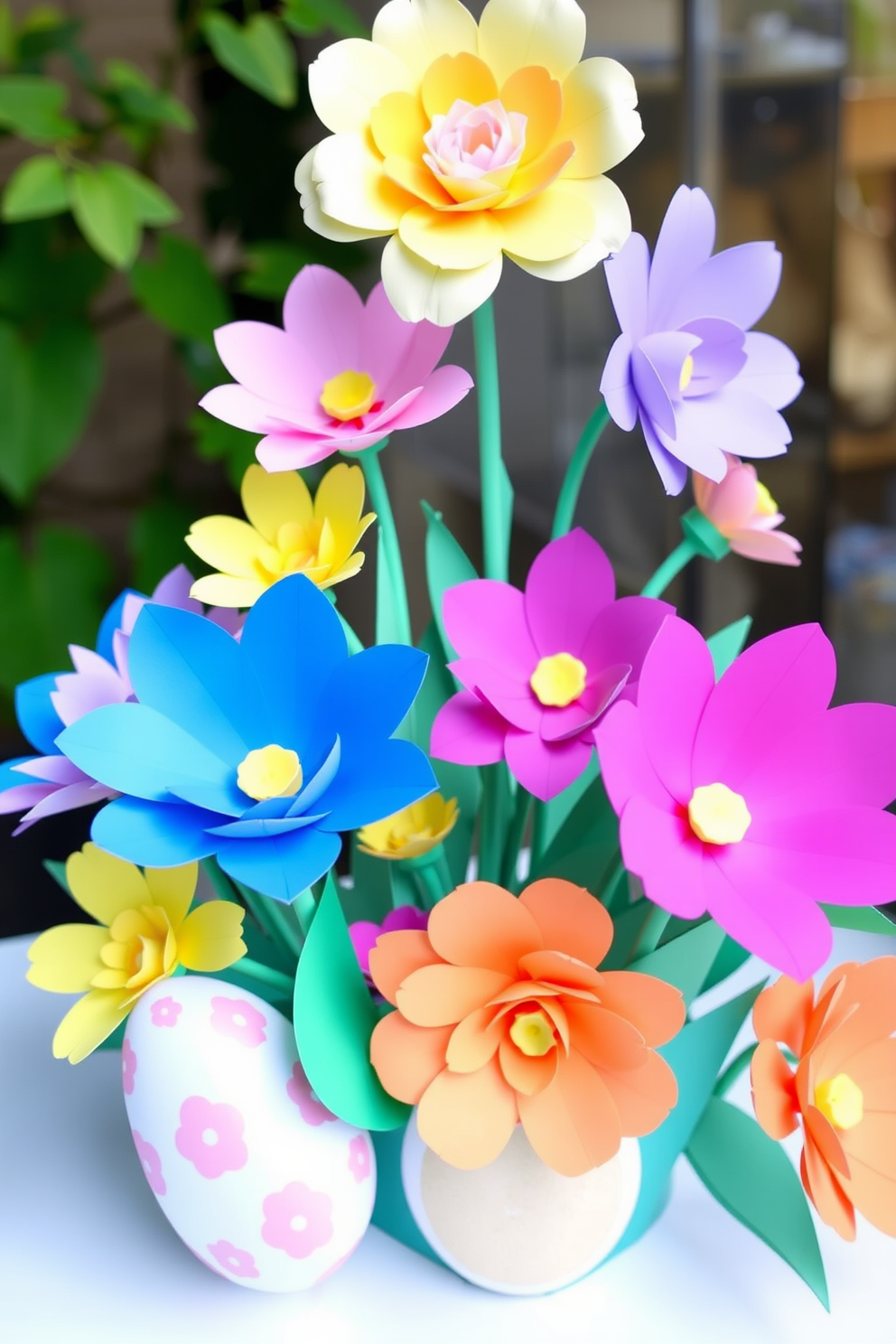 A whimsical Easter display featuring crafted paper flowers in vibrant hues. The arrangement includes various sizes and shapes of flowers, showcasing a blend of colors like bright pink, sunny yellow, and deep blue.