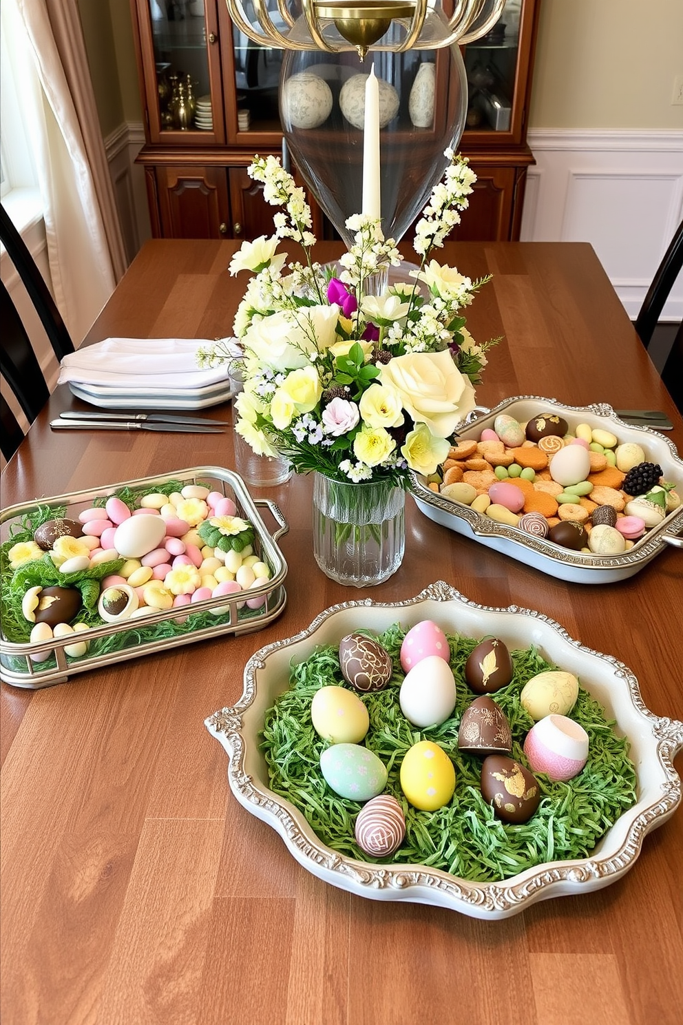 A stylish dining table adorned with decorative trays showcasing an array of seasonal treats for Easter. The trays are filled with pastel-colored candies, beautifully arranged flowers, and intricately designed chocolate eggs, creating a festive and inviting atmosphere.