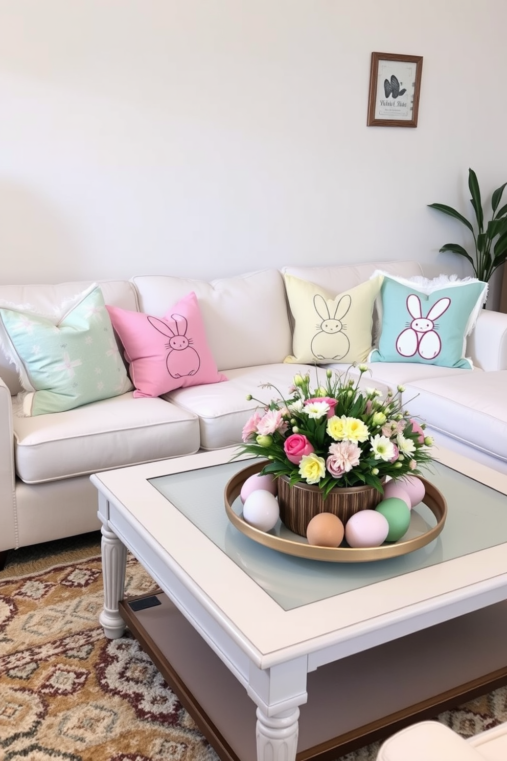 Easter themed throw pillows in pastel colors are arranged on a plush white sofa. The pillows feature playful designs such as bunnies and eggs, adding a festive touch to the living room decor. A beautifully set coffee table complements the festive ambiance with a centerpiece of fresh flowers and decorative Easter eggs. Soft lighting enhances the cheerful atmosphere, making the space inviting for gatherings.