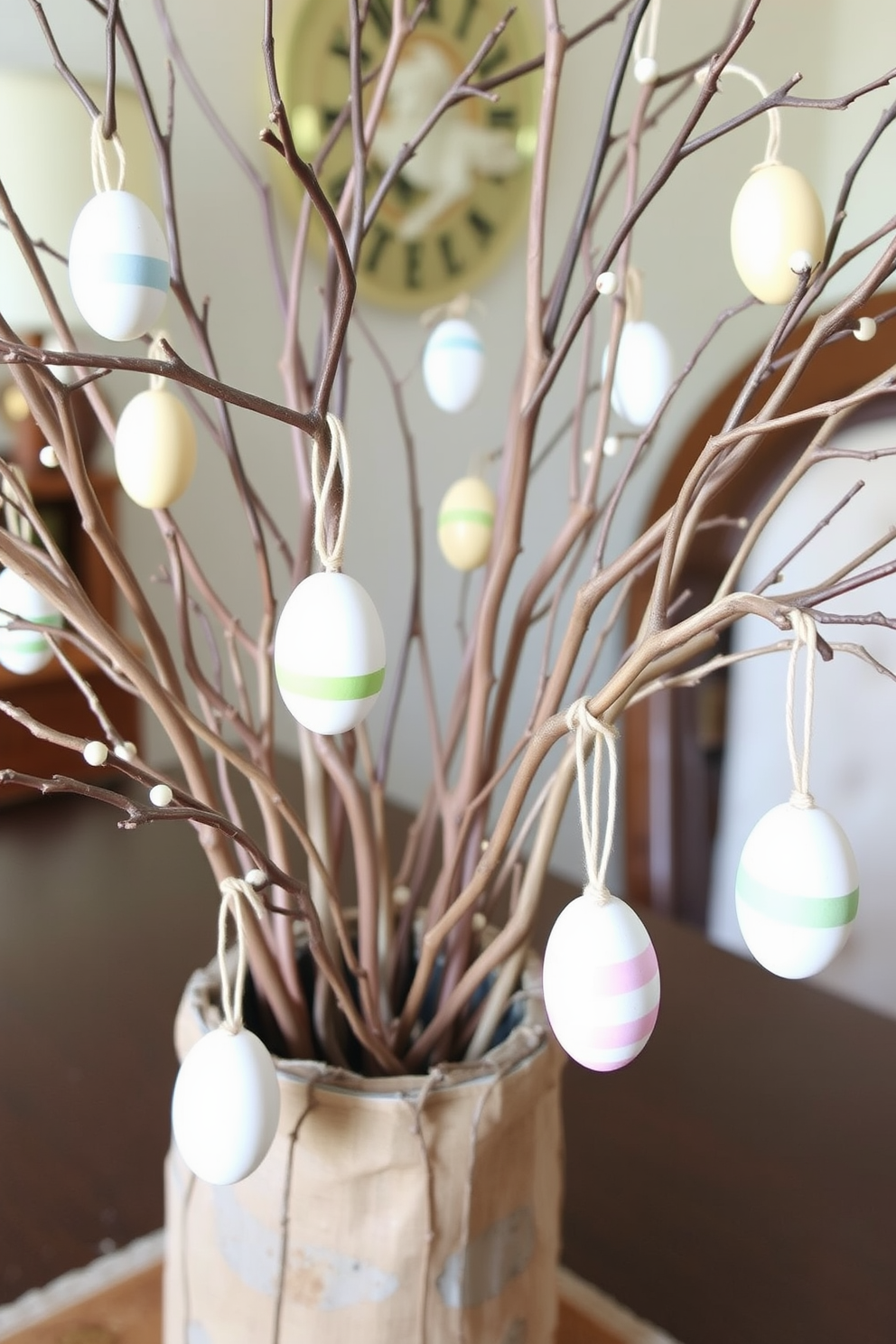 A charming Easter display featuring natural twig arrangements adorned with delicate hanging eggs. The twigs are arranged in a rustic vase, creating a whimsical focal point that captures the essence of spring.