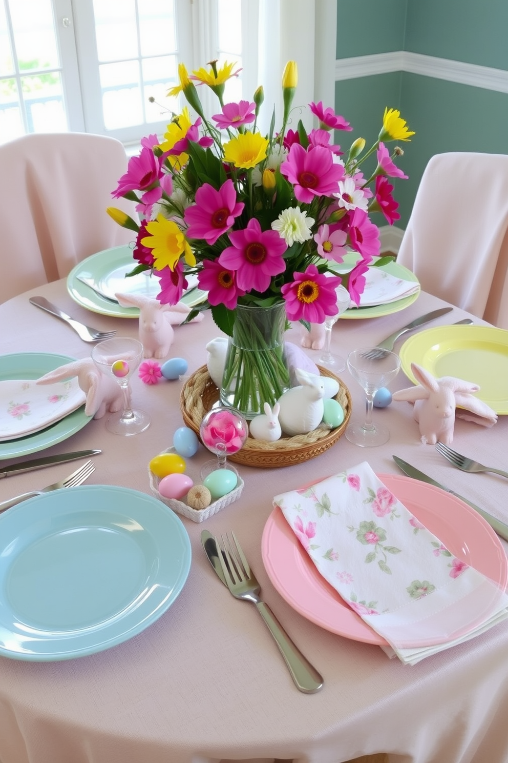 Hanging colorful Easter egg ornaments from the ceiling creates a whimsical and festive atmosphere. The eggs, adorned with intricate designs, sway gently with the slightest breeze, adding a playful touch to the room. Soft pastel colors dominate the decor, enhancing the cheerful vibe of the space. Below, a table is set with a spring-themed centerpiece, featuring fresh flowers and additional decorative eggs.