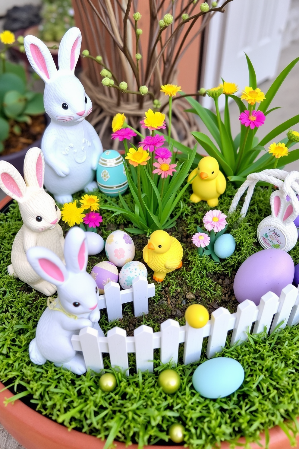 Create a whimsical miniature garden scene featuring various Easter figures such as bunnies, chicks, and decorated eggs. Include vibrant flowers, lush greenery, and a small picket fence to enhance the festive atmosphere. Incorporate pastel-colored decorations and themed ornaments to bring a playful touch to the garden. Arrange the elements thoughtfully to create a charming and inviting Easter display.