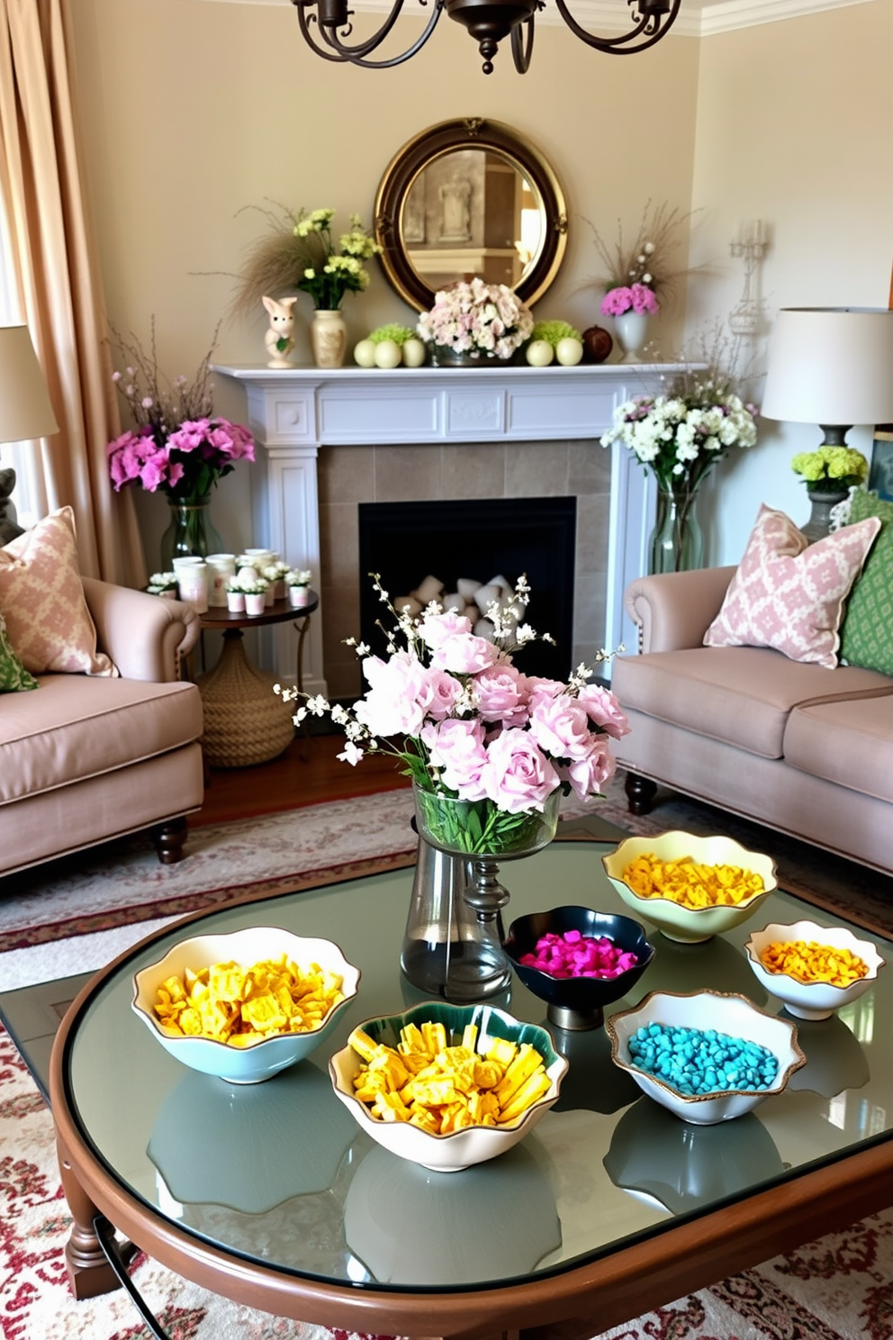 A cozy living room featuring a coffee table adorned with seasonal books showcasing vibrant covers. Surrounding the table are plush armchairs in soft pastel hues, creating a welcoming atmosphere for Easter celebrations. Delicate Easter decorations are tastefully arranged throughout the room, including pastel-colored eggs in a decorative bowl. Fresh flowers in a vase add a touch of spring, enhancing the overall festive vibe.