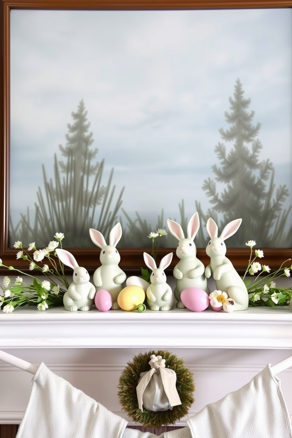 A charming living room adorned with bunny figurines on a beautifully styled mantelpiece. The mantel is decorated with pastel-colored eggs and fresh spring flowers, creating a festive Easter ambiance.