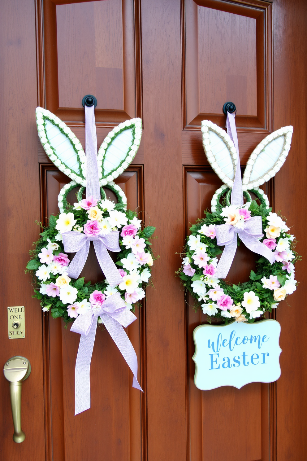 Create a charming front door display featuring bunny shaped wreaths adorned with pastel colored flowers and ribbons. The wreaths should be hung on a classic wooden door, complemented by a welcome sign that enhances the festive Easter theme.