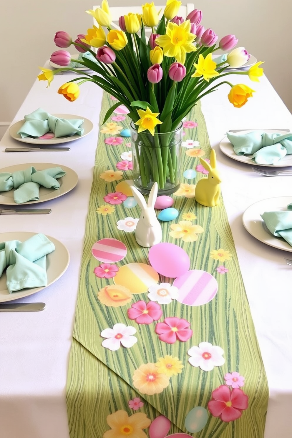 Create a festive Easter themed table setting featuring a vibrant table runner adorned with pastel colored eggs and spring flowers. The runner is complemented by matching napkins and decorative bunny figurines placed at each setting. Incorporate elements of nature by adding fresh tulips and daffodils in a centerpiece vase. Use a light, airy tablecloth to enhance the cheerful atmosphere of the Easter celebration.