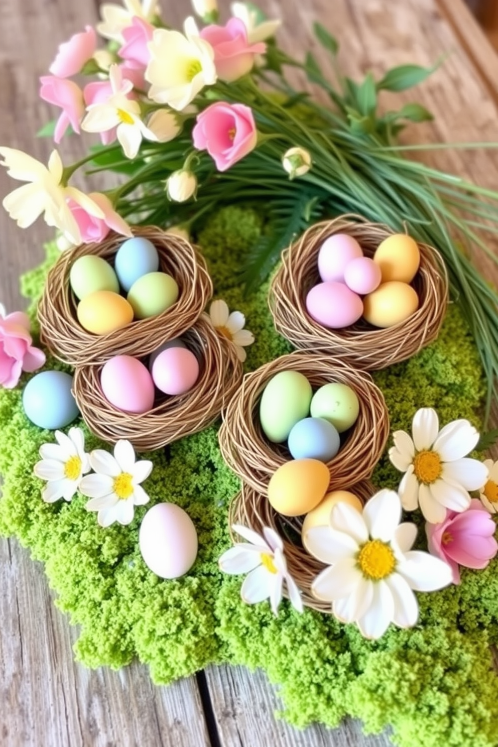 Create a charming Easter decoration scene featuring decorative nests filled with faux eggs in various pastel colors. Arrange the nests on a rustic wooden table surrounded by fresh spring flowers and soft green moss for a natural touch.