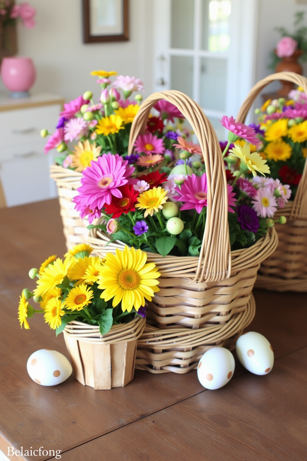 A beautifully arranged dining table features moss-covered centerpieces adorned with an assortment of white and pastel-colored candles. The soft glow of the candles enhances the natural greenery, creating a serene and inviting atmosphere for Easter celebrations.