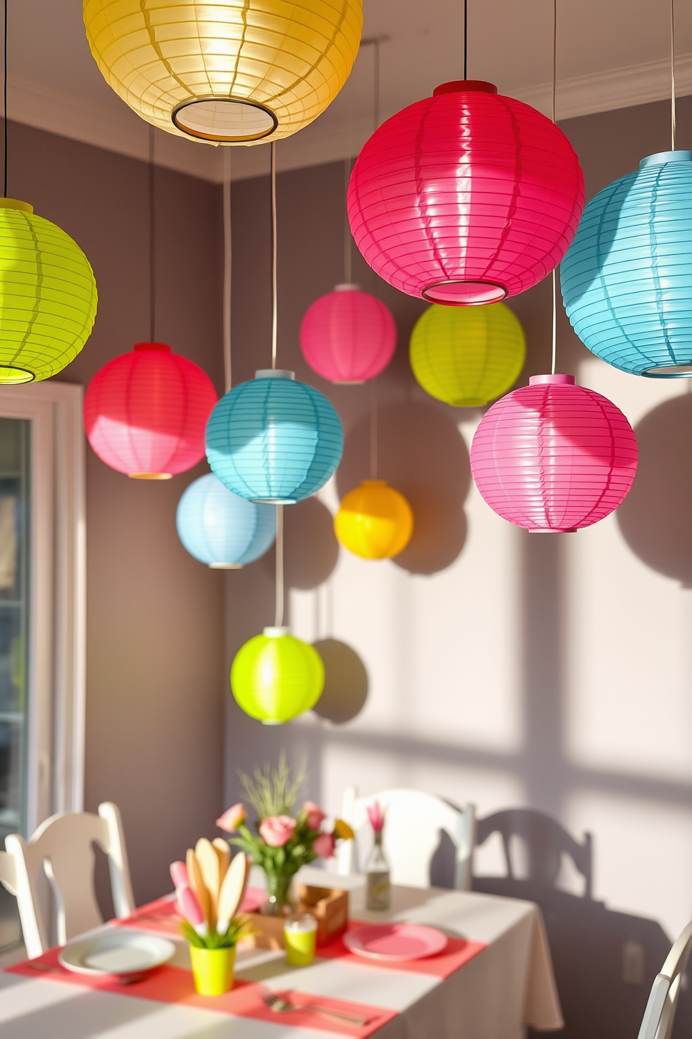 Create a vibrant Easter-themed room adorned with hanging paper lanterns in bright colors. The lanterns should be suspended at varying heights, casting playful shadows across the space, while a festive table setting with pastel-colored decorations completes the cheerful ambiance.