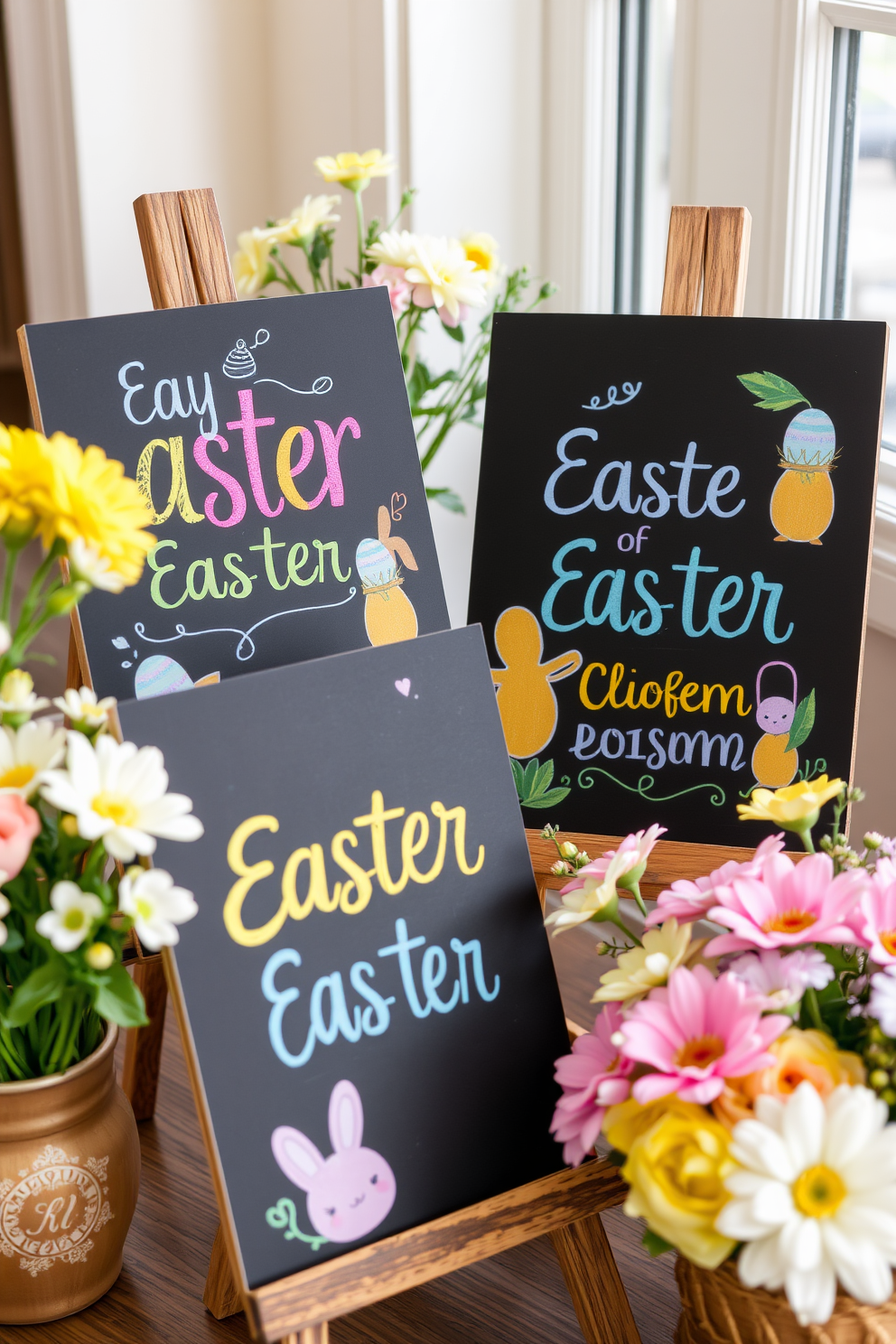 Chalkboard signs decorated with colorful Easter greetings are displayed on rustic wooden easels. Each sign features playful lettering and vibrant illustrations of Easter eggs and bunnies, creating a festive atmosphere. The signs are surrounded by fresh spring flowers in pastel colors, enhancing the cheerful theme. Soft, natural lighting illuminates the scene, making the decorations inviting and warm.