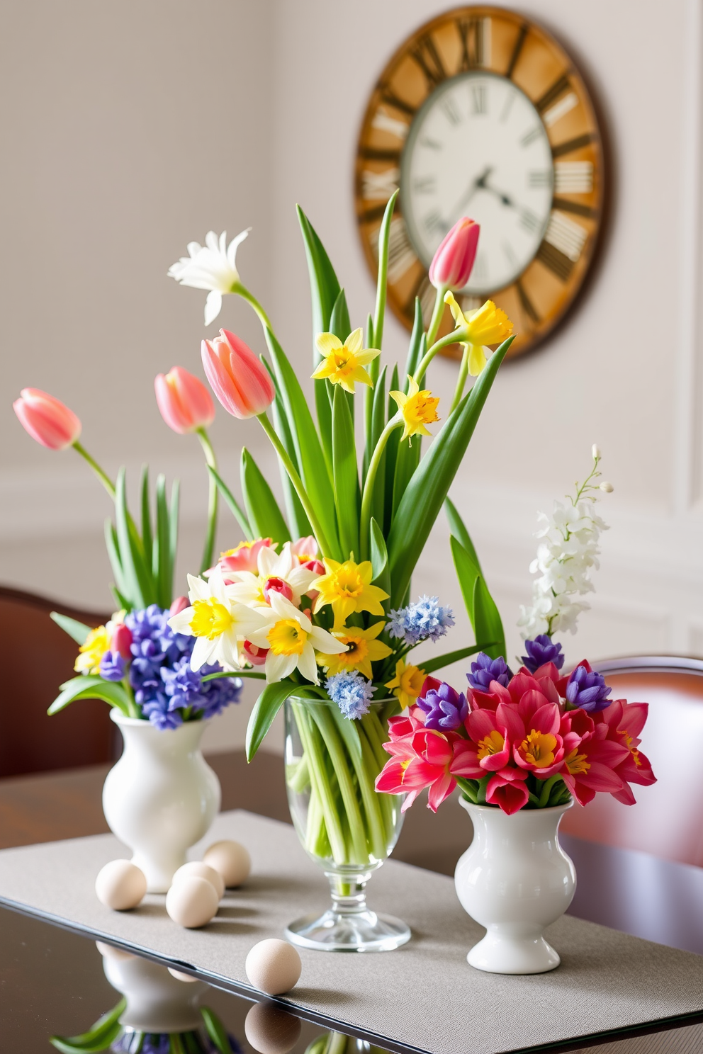 Fresh tulips in glass vases create a vibrant and cheerful atmosphere. The vases are arranged on a rustic wooden table, surrounded by pastel-colored Easter eggs and delicate bunny figurines. Soft, natural light filters through sheer curtains, illuminating the colorful display. A woven basket filled with decorative grass sits nearby, adding to the festive charm of the setting.