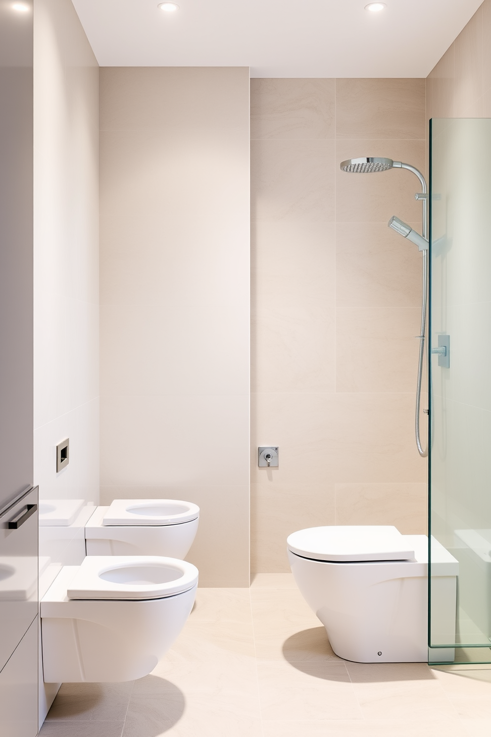 A modern bathroom featuring wall hung toilets for easy cleaning. The space includes sleek cabinetry and minimalistic fixtures for a streamlined look. The walls are adorned with large format tiles in a soft neutral tone. A spacious shower area with a glass enclosure and a rainfall showerhead enhances the clean aesthetic.