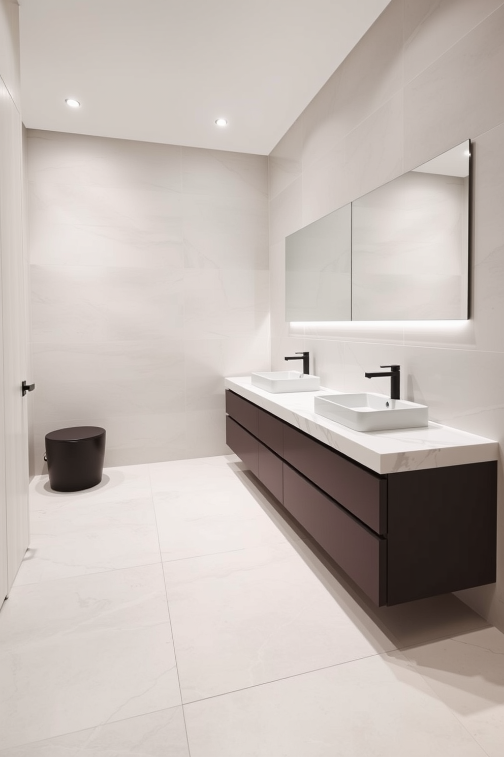 A sleek and modern bathroom featuring integrated sinks seamlessly blended into the smooth marble countertop. The walls are adorned with large format tiles in a soft neutral tone, creating an easy to clean and elegant space. The flooring consists of large porcelain tiles that mimic the look of natural stone while providing durability. Minimalist cabinetry with soft-close drawers offers ample storage without compromising the clean aesthetic.