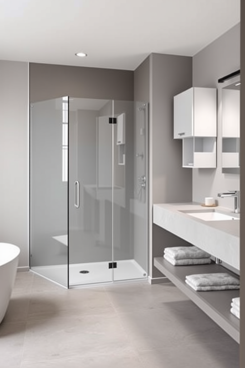 A contemporary bathroom featuring high heat tolerant glazed ceramics throughout the space. The walls are adorned with large glossy tiles in soft neutral tones, while the floor showcases a seamless blend of durability and elegance. The design includes a spacious walk-in shower with a sleek glass enclosure, complemented by a modern rainfall showerhead. Easy to clean surfaces are prioritized, with minimal grout lines and a floating vanity that enhances the room's open feel.