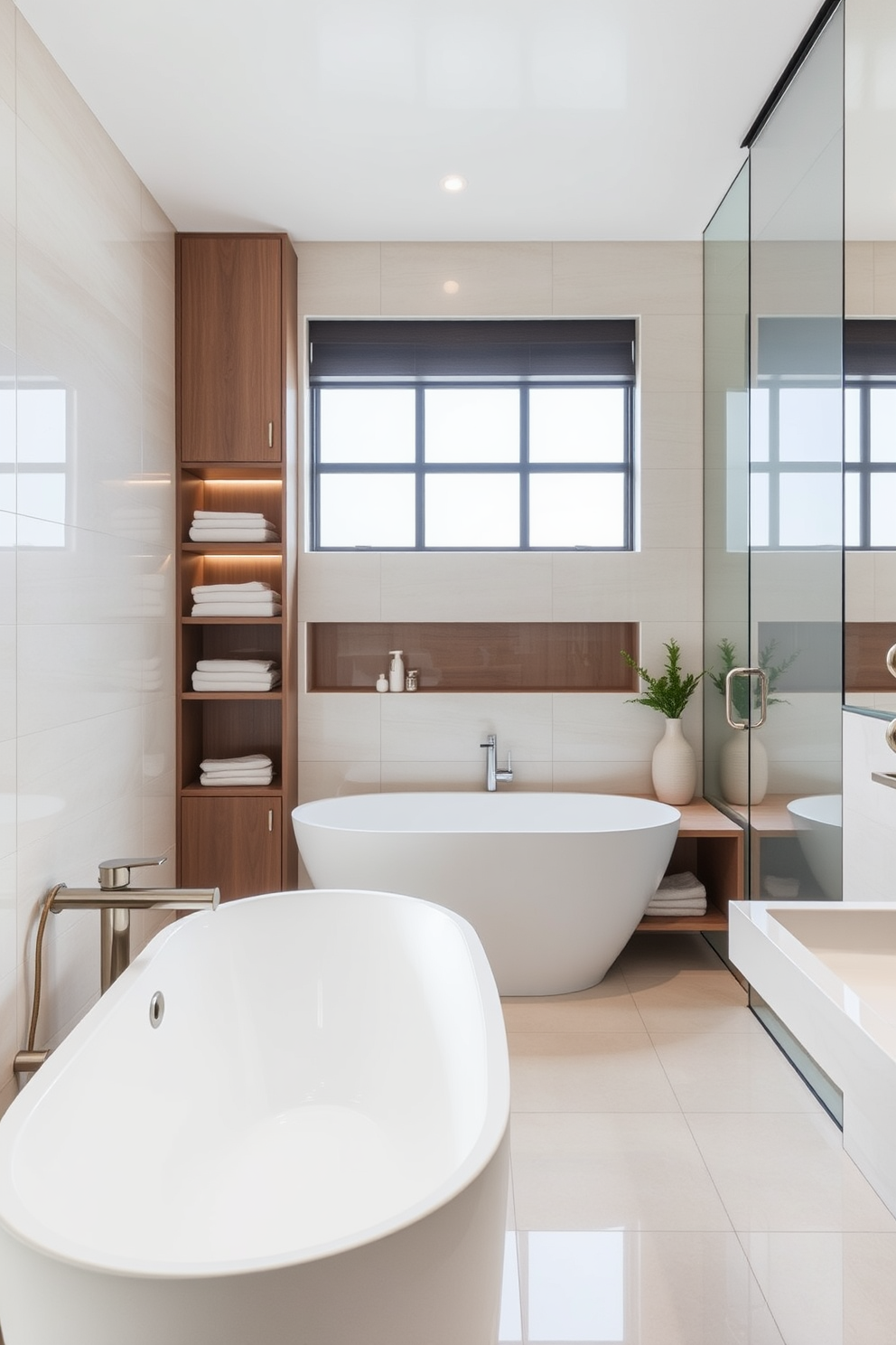 A sleek bathroom design featuring a smooth edge bathtub that enhances the overall aesthetic while providing comfort. The space incorporates easy to clean surfaces and fixtures, ensuring a practical yet stylish environment. The walls are adorned with light-colored tiles that reflect natural light, creating an airy feel. Minimalist storage solutions are integrated to maintain a clutter-free atmosphere while complementing the elegant design.