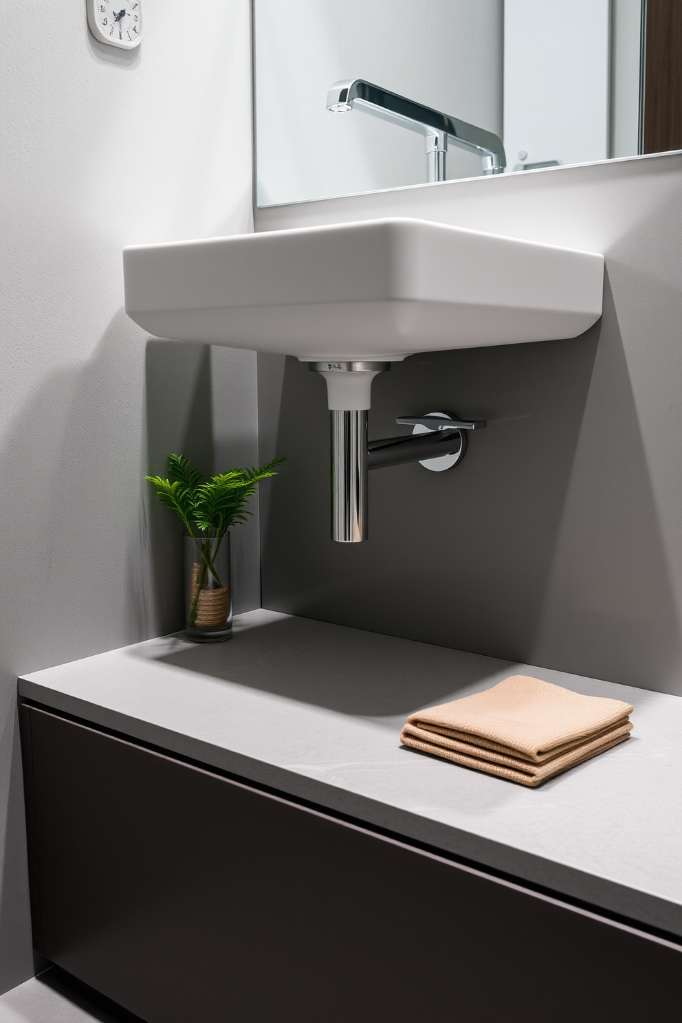 A bright and airy bathroom featuring soft white walls and light gray cabinetry that enhances the sense of space. The floor is covered in large light beige tiles that are both stylish and easy to maintain. Incorporate a walk-in shower with clear glass doors to create a seamless look. Use minimalistic fixtures and a sleek vanity with a simple countertop to ensure quick cleaning and a clutter-free environment.