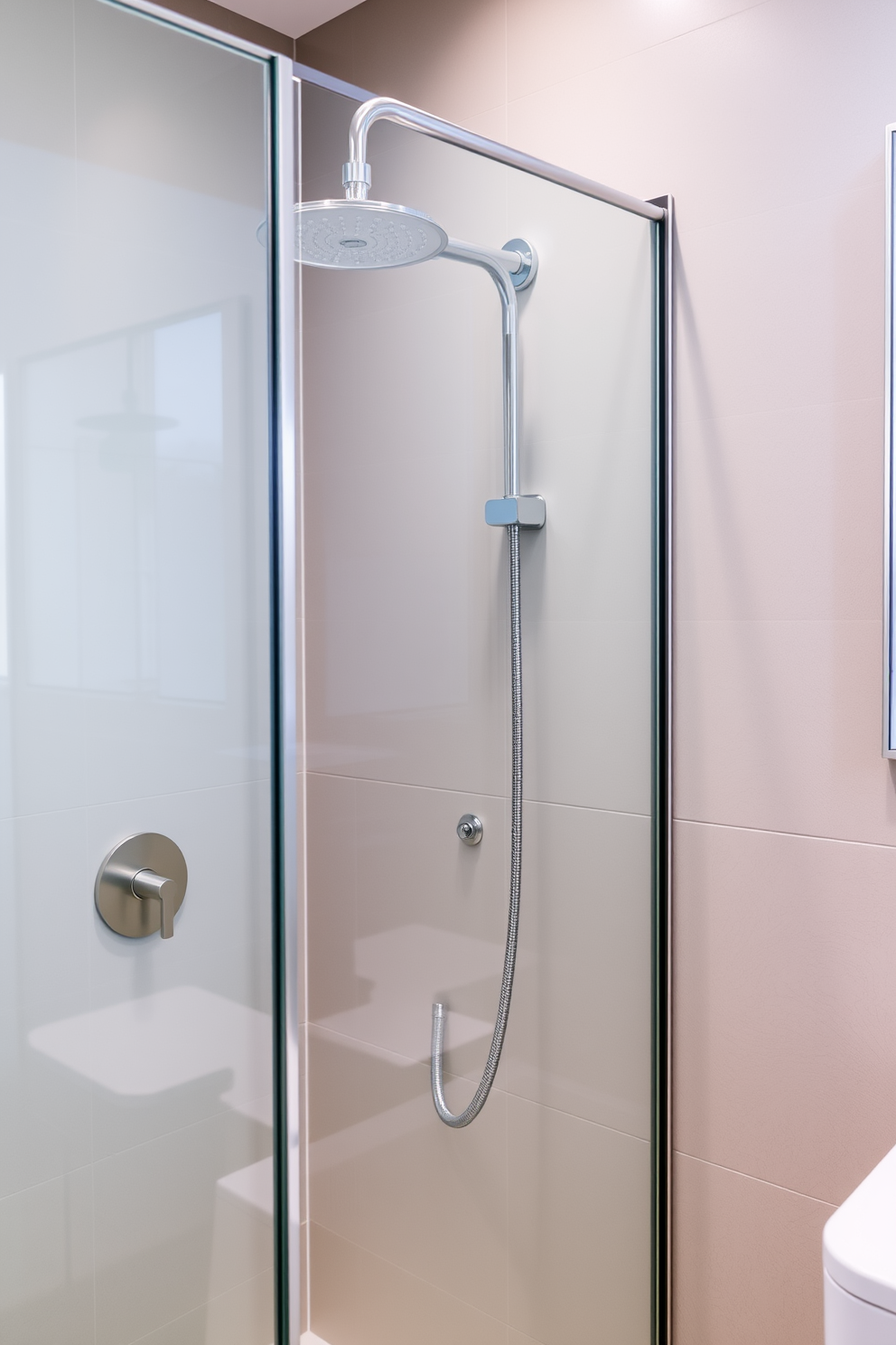 A modern bathroom featuring a handheld showerhead mounted on the wall for added flexibility and convenience. The space is designed with easy to clean surfaces, including a large glass shower enclosure and sleek, minimalistic fixtures.