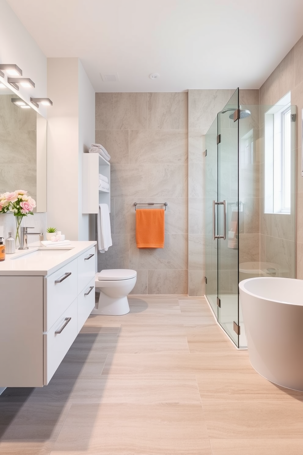 A modern bathroom design featuring an efficient exhaust fan installed on the ceiling to effectively prevent moisture buildup. The space is designed with easy to clean surfaces, including large format tiles and a seamless glass shower enclosure for minimal maintenance.