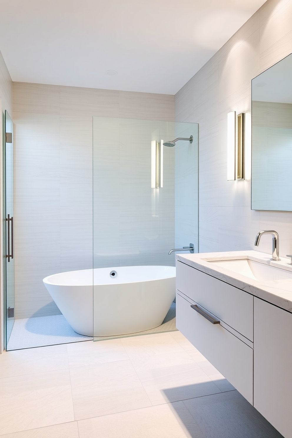 A modern bathroom featuring grout-free shower panels that enhance simplicity and cleanliness. The design incorporates a sleek freestanding bathtub paired with minimalist fixtures for an elegant touch. The walls are adorned with light-colored tiles that create a spacious feel. A floating vanity with a quartz countertop provides ample storage while maintaining a contemporary aesthetic.