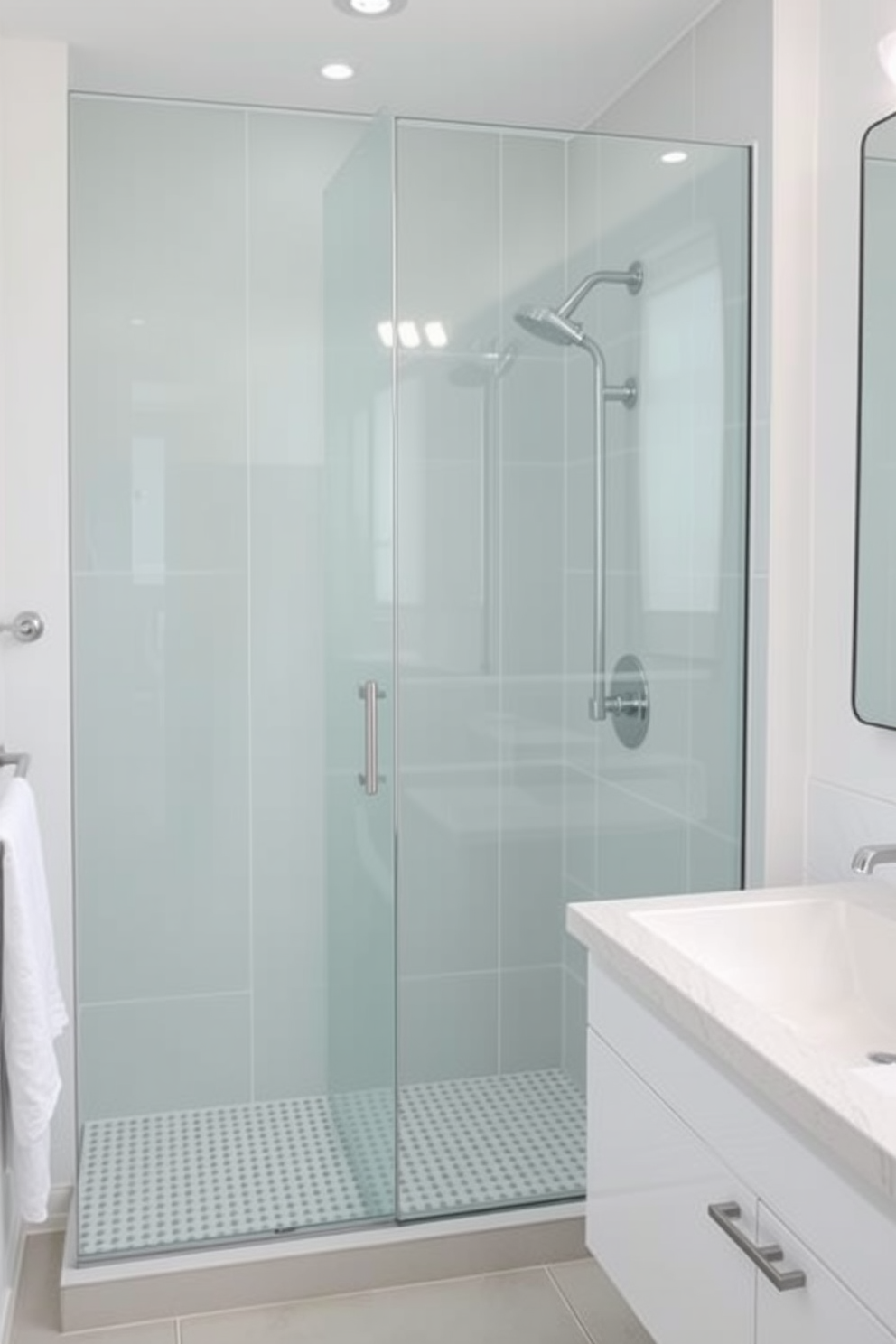 A modern bathroom featuring seamless shower walls that minimize grime buildup. The space is designed for easy cleaning with sleek surfaces and minimal grout lines.