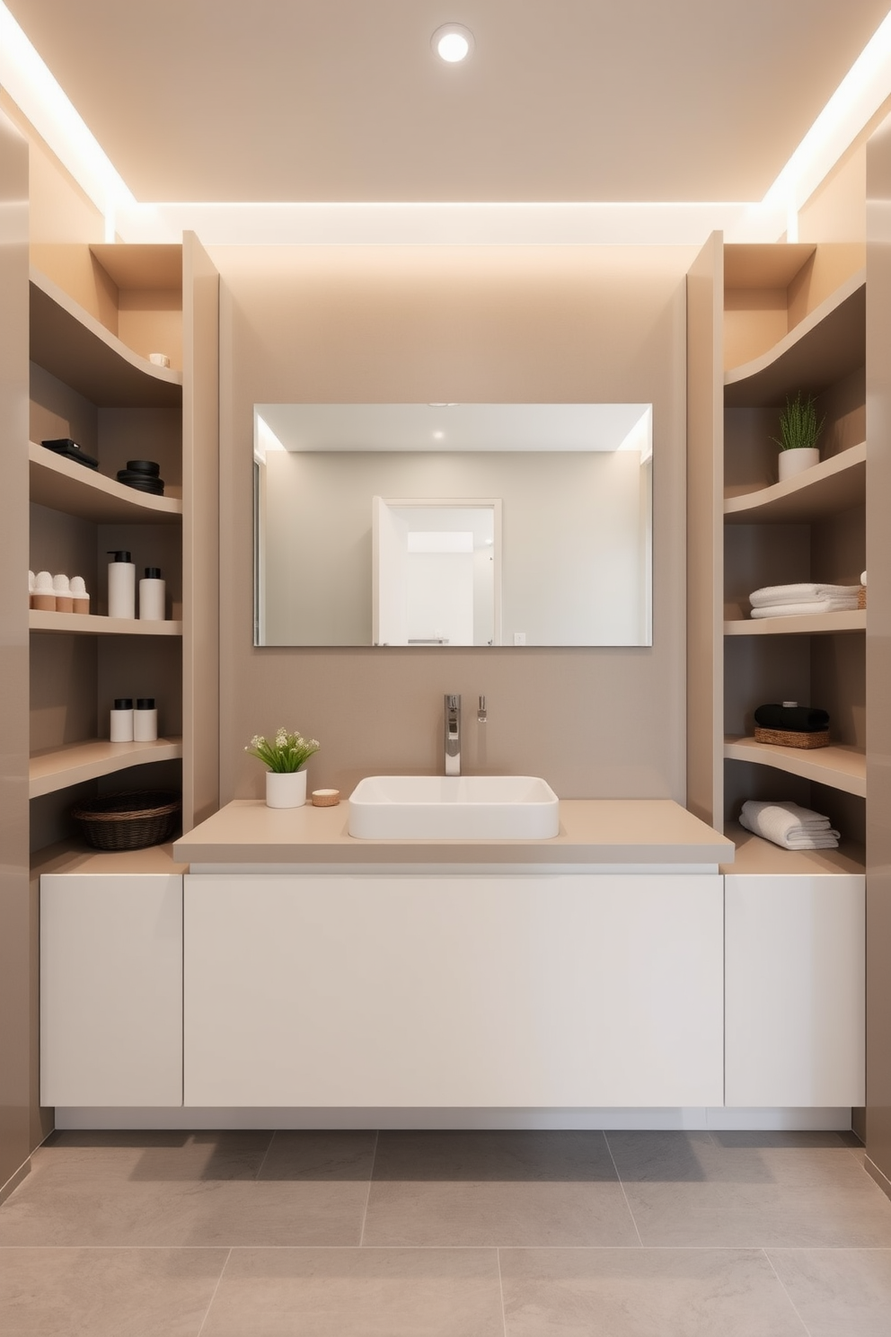 A modern bathroom featuring built-in shelves for optimal organization. The shelves are seamlessly integrated into the wall, providing ample space for toiletries and decorative items. The flooring is made of large, easy-to-clean tiles in a light gray tone. A sleek, minimalist vanity with a single sink sits beneath a large mirror, reflecting the clean lines of the space.