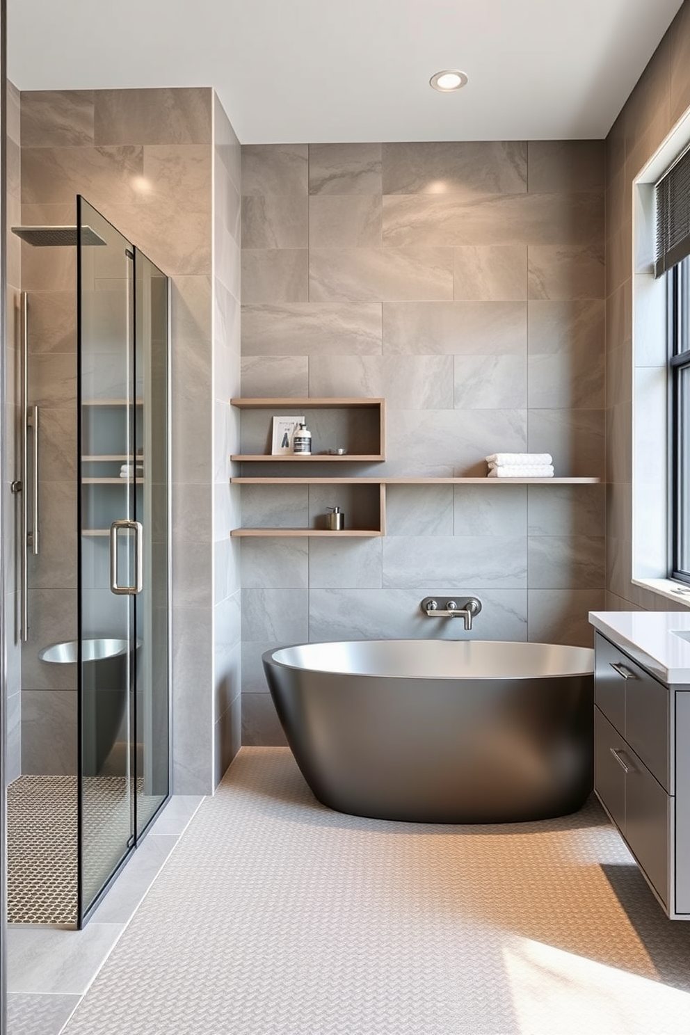 A contemporary bathroom design featuring stainless steel fixtures that enhance durability and modern aesthetics. The layout includes a spacious shower with glass doors and a sleek freestanding bathtub, emphasizing easy maintenance with minimal grout lines. The walls are adorned with large-format tiles in a neutral tone, while the floor showcases a textured slip-resistant surface. Ample storage is integrated into the design with floating shelves and cabinets, ensuring a clutter-free environment.