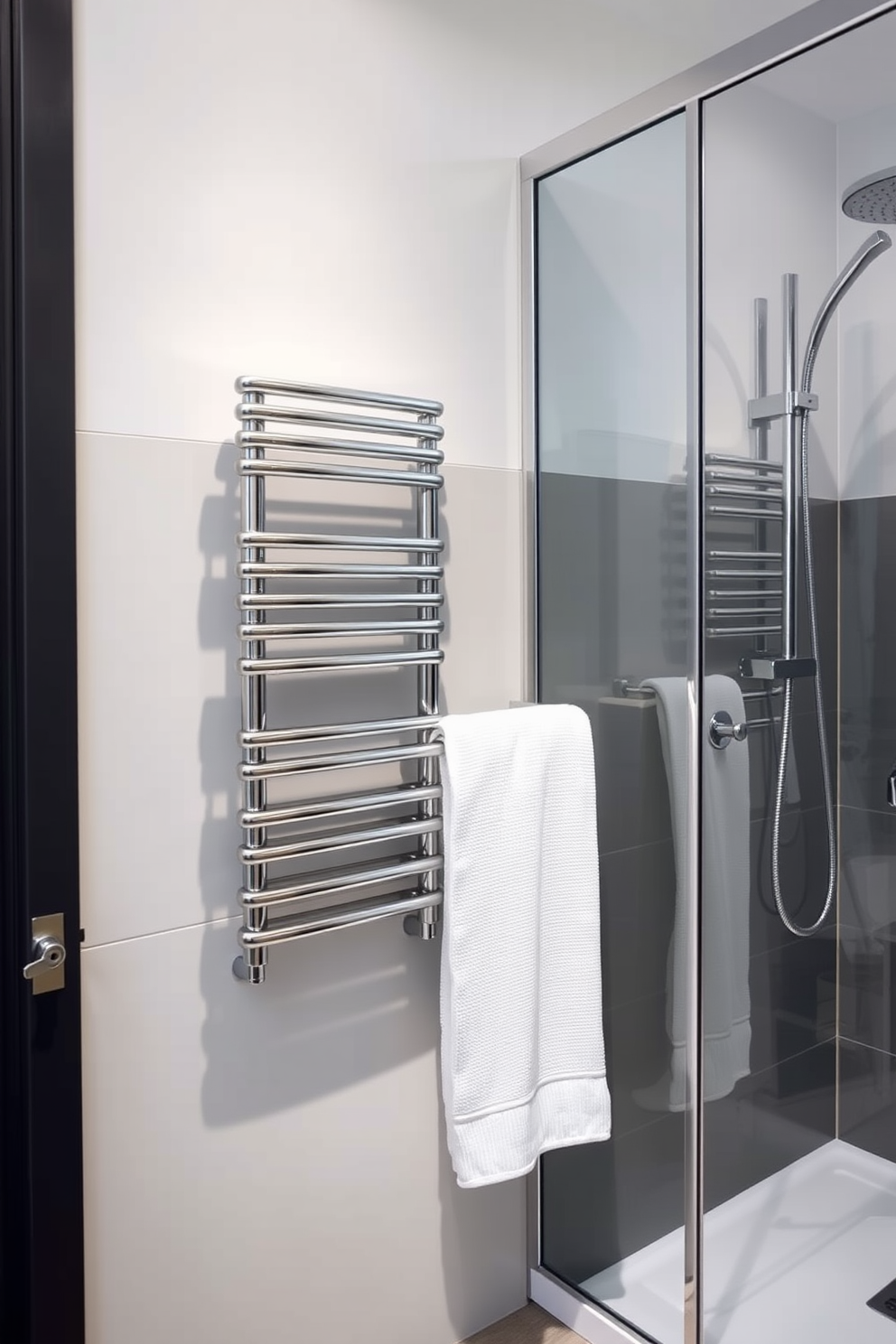 A modern bathroom design featuring a heated towel rack mounted on the wall for added comfort. The space is designed with easy to clean surfaces such as large format tiles and a minimalistic shower enclosure.